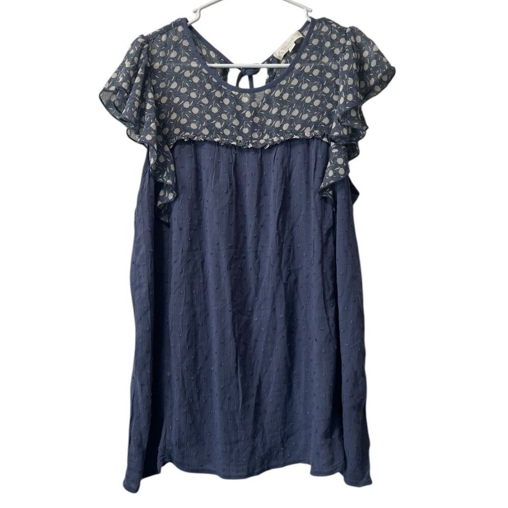 Suzanne Betro Size Large Tunic Top Shirt Blue Flutter Sleeve Knit Textured Boho